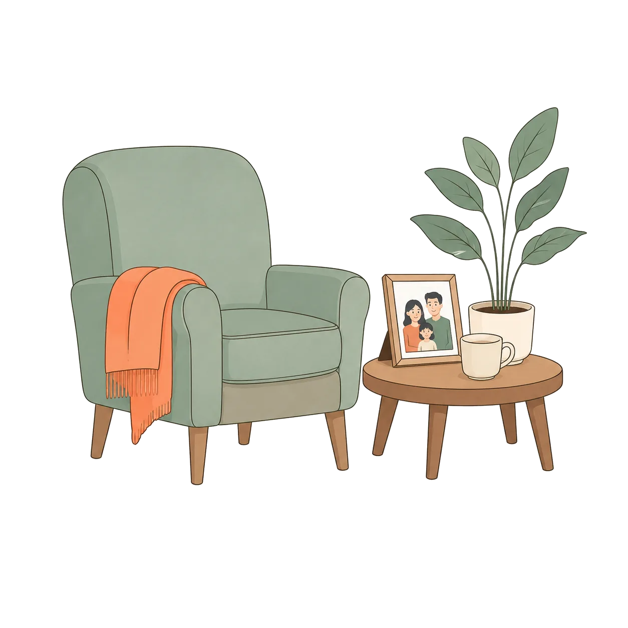 A green armchair with a coral throw beside a small round table with a family photo, a mug and a plant